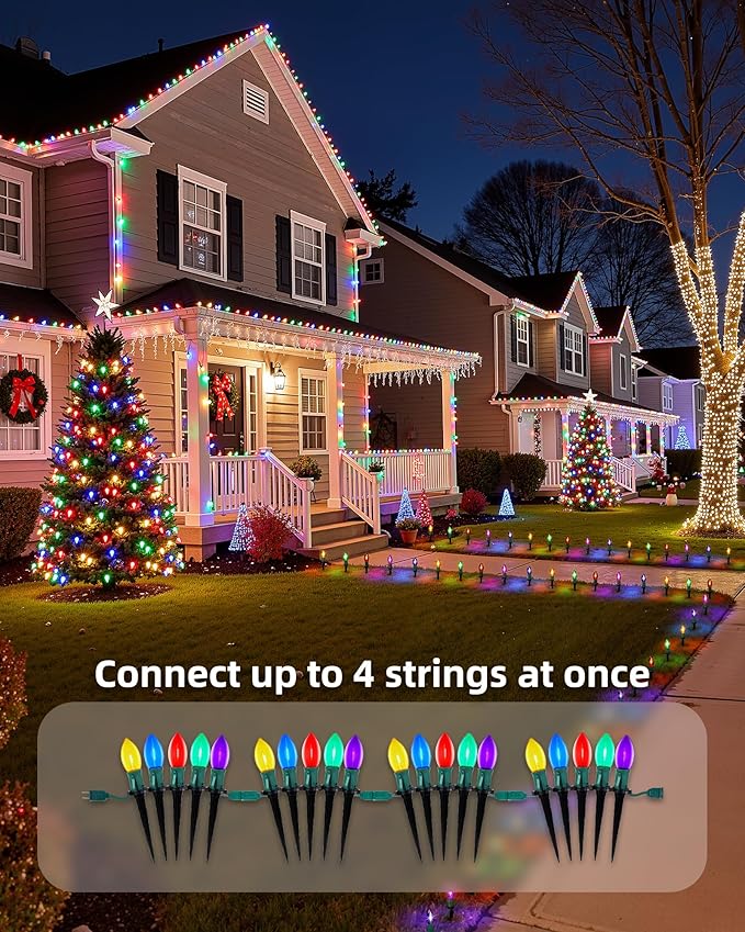 2-Pack C9 Christmas Lights Outdoor, 51.4ft 40 Bulb Pathway Lights with Stakes, Multicolor