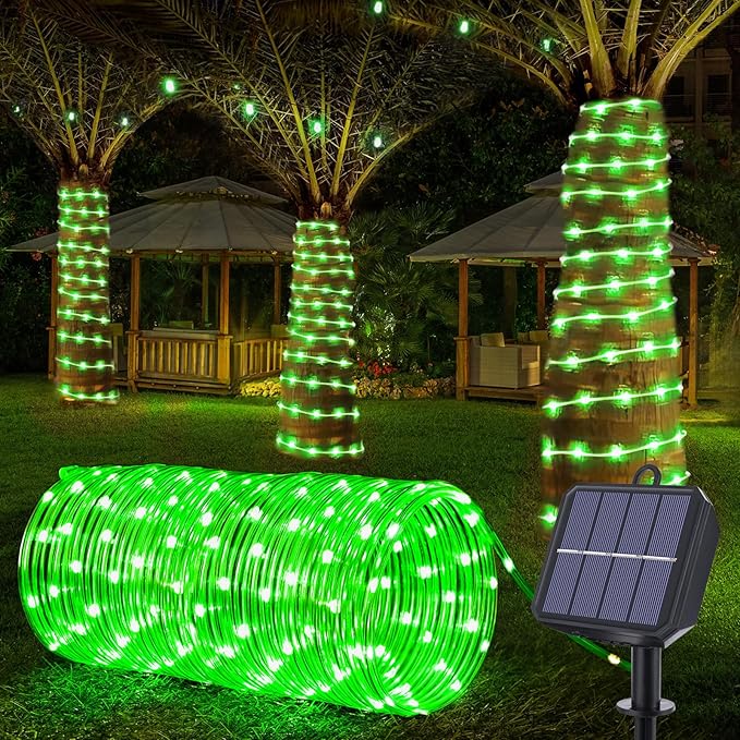 Solar Rope Lights, 33ft 100LED Solar String Lights, 8 Modes Waterproof Solar Powered Outdoor Light, Flexible Clear Tube Light for Garden Backyard Patio Deck Porch Pool Tree Christmas Decoration -Green