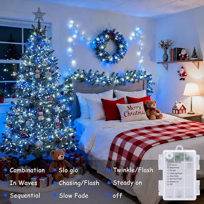 JMEXSUSS 2 Pack Blue and White Battery String Lights, Each 33ft 100 LED Battery Powered Christmas Lights with Remote for Outside Party Birthday