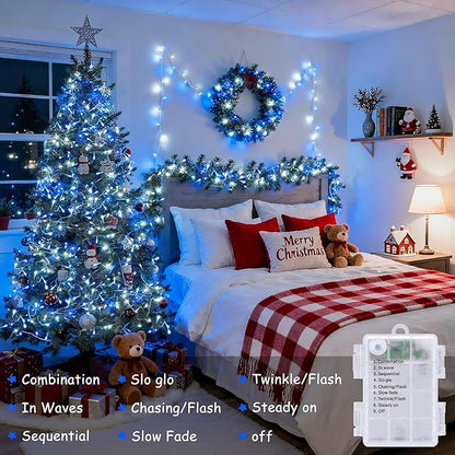 JMEXSUSS 2 Pack Blue and White Battery String Lights, Each 33ft 100 LED Battery Powered Christmas Lights with Remote for Outside Party Birthday