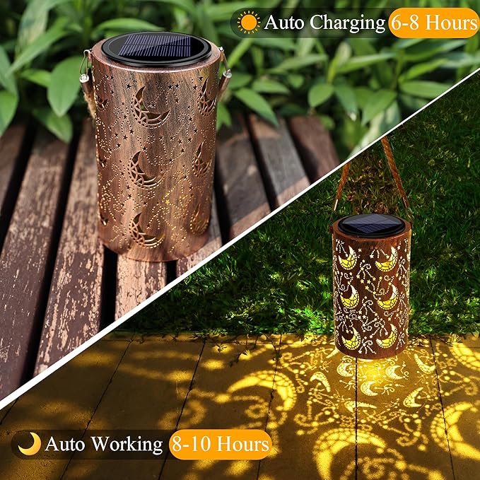 Toodour Solar Lantern Outdoor, Hanging Solar Outdoor Lights Garden Decor, Waterproof Hollow Out Retro Metal Moon Decorative Lights for Patio, Balcony, Yard, Walkway, Landscape, Outdoor Decor