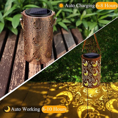 Toodour Solar Lantern Outdoor, Hanging Solar Outdoor Lights Garden Decor, Waterproof Hollow Out Retro Metal Moon Decorative Lights for Patio, Balcony, Yard, Walkway, Landscape, Outdoor Decor