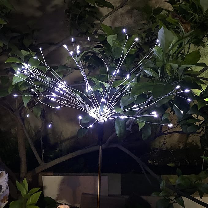 JJGoo Solar Firework Lights, 2 Pack 150 LEDs 2 Lighting Modes Solar Lights Outdoor Waterproof for Garden Patio Walkway Pathway Party Wedding Christmas Decorative - White