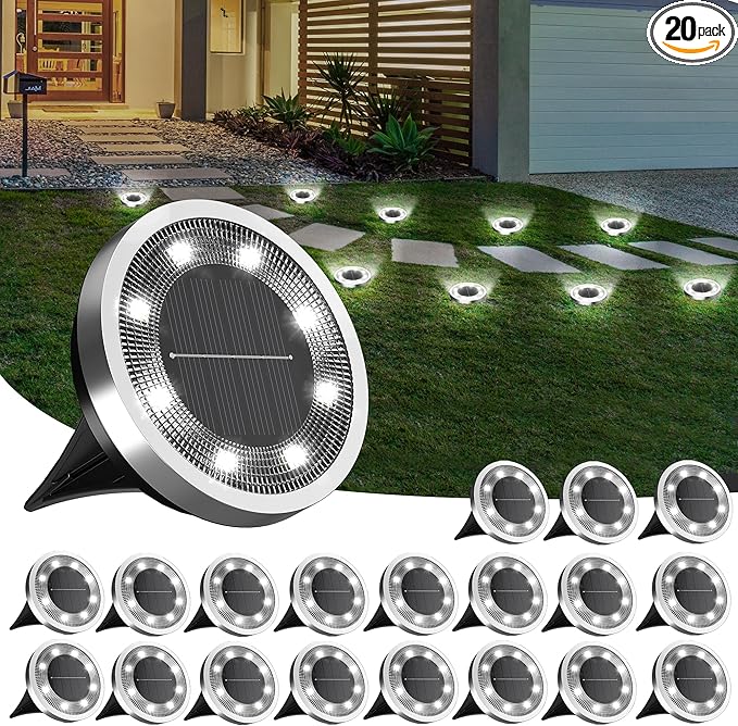 Solar Flat Disk Lights 20-Pack, Waterproof Garden
