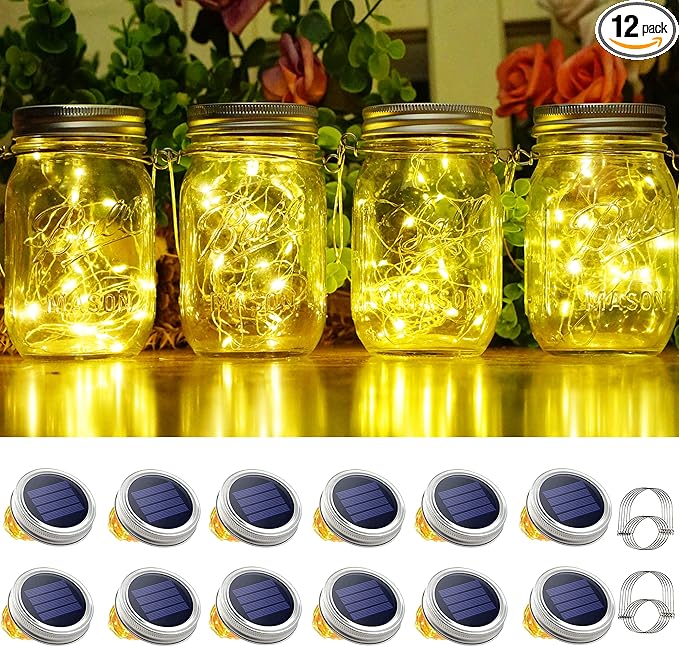 Mason Jar Lid Fairy Lights 12-Pack, Solar Patio LED