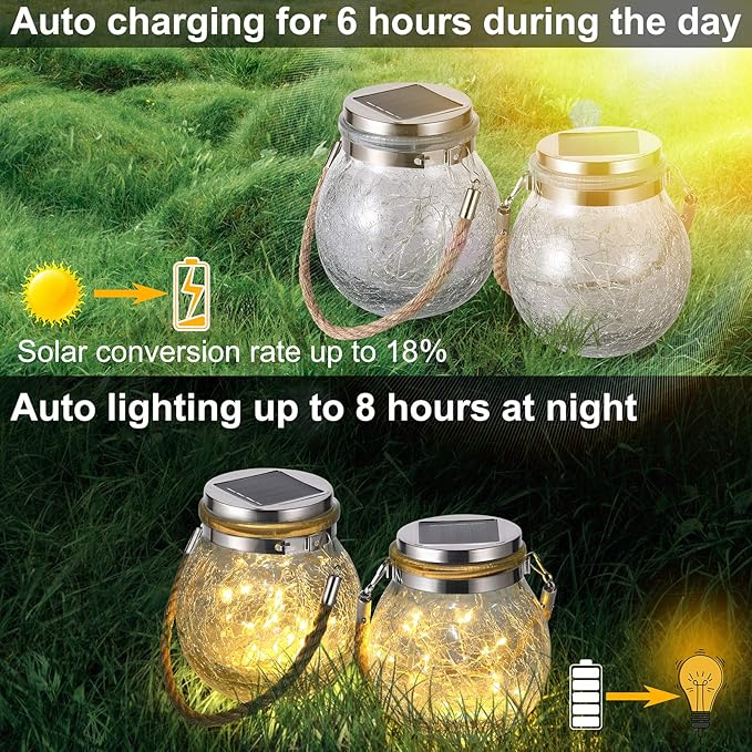Solar Hanging Lanterns Outdoor Waterproof, Table Lamps Decorative Cracked Glass Jar 30 LED Lights for Garden Tree Court Yard Patio Pathway Christmas Day Holiday Party Decoration (1, Warm Light)