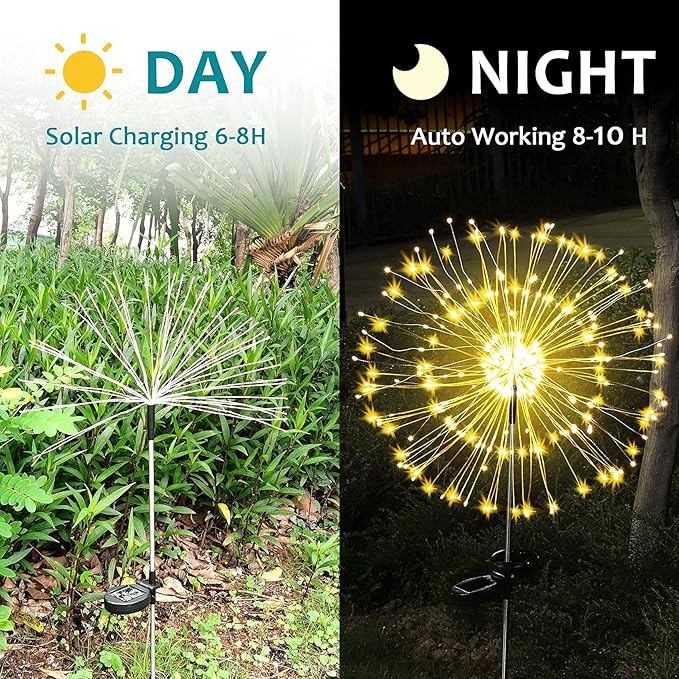 JJGoo Outdoor Solar Lights Firework, 2 Pack 120 LEDs Waterproof Solar Lights for Outside Garden Yard Pathway Fence - Warm White