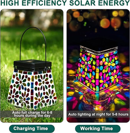 VOREEN Mosaic Glass Solar Lantern & Table Lamp, 600mAh Solar Powered Outdoor Light, Dual Modes Warm White & RGB, Waterproof IP44 Garden Patio Yard Decor, Handmade Gift for Women Mom Friends
