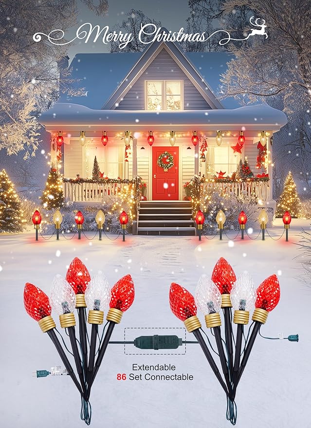 Moonflor Strawberry Jumbo C9 Christmas Pathway Lights Outdoor - 8.5 FT 5 LED Large C9 Pathway Lights, Hanging Jumbo Christmas Light Outdoor Decorations for Lawn Holiday Yard, Red & Warm White
