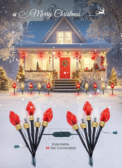 Moonflor Strawberry Jumbo C9 Christmas Lights Outdoor - 2 Pack Total 17FT 10 LED Jumbo C9 Christmas Pathway Lights Outdoor, Christma Decoration for Outside Lawn, Red & Warm White