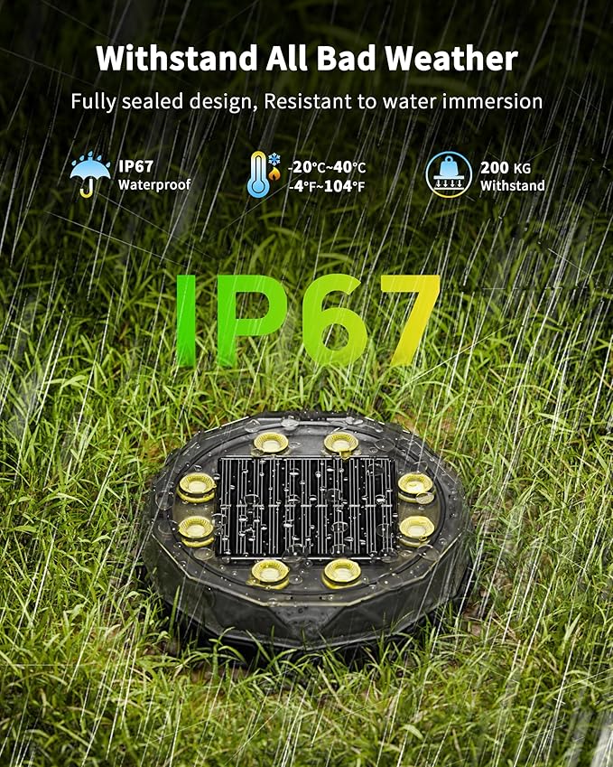 Solar Ground Lights with Remote Control 50ft,IP67 Waterproof Solar Garden 15 Multi Color Lights,RGBYW Solar Powered Outdoor Landscape Lighting for Pathway,Yard,Deck,Lawn,Patio,Walkway,Poolside,8 Pack