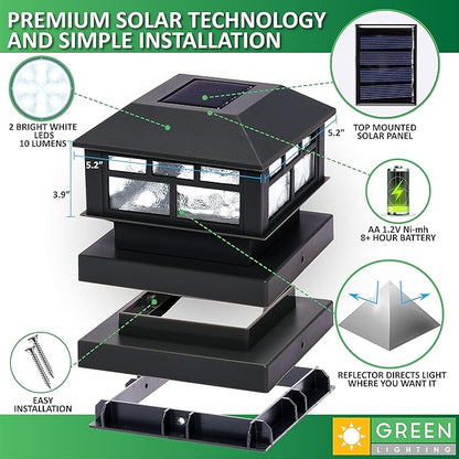GreenLighting Modern Solar Post Cap Lights Fits 4x4 Wood, 4x4 & 5x5 PCV/Vinyl Outdoor Solar Powered Light, Fence Post, Landscaping, Deck, Garden- Bright LED, Waterproof Black 8 Pack