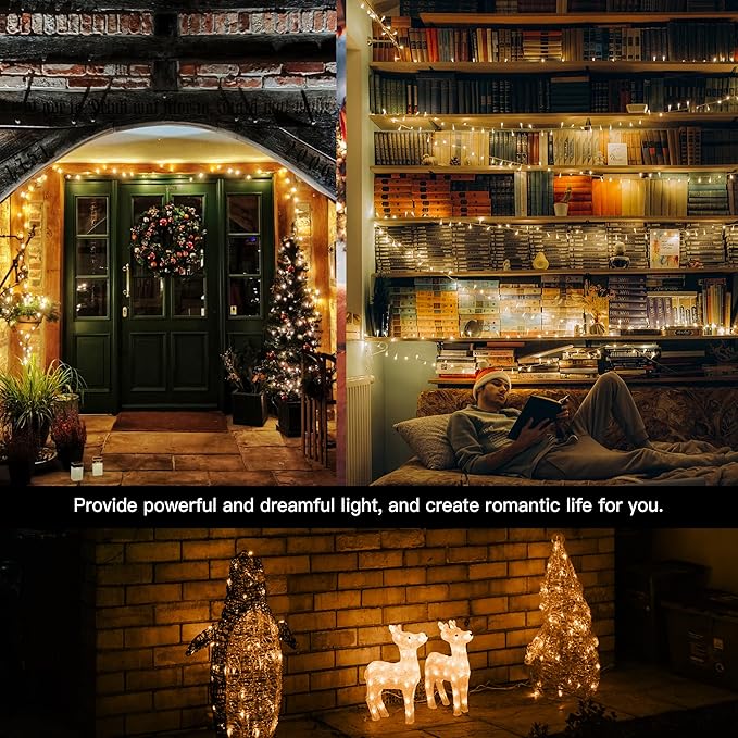 Hopolon 100 LED Christmas Lights Indoor Outdoor,33FT Warm White Twinkle Fairy Light Plug in,8 Modes Waterproof Clear Wire String Lights for Bedroom Classroom Xmas Tree Wedding Party,100 LED,Warm White