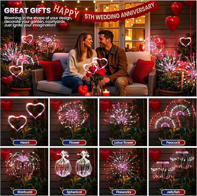 4 Pack Valentine's Day Solar Lights Outdoor, Solar Garden Lights Outside Fairy Firework Decorative,Solar Powered for Wedding,Yard Pathway Party Balcony Patio Decor (Red, White, Pink)