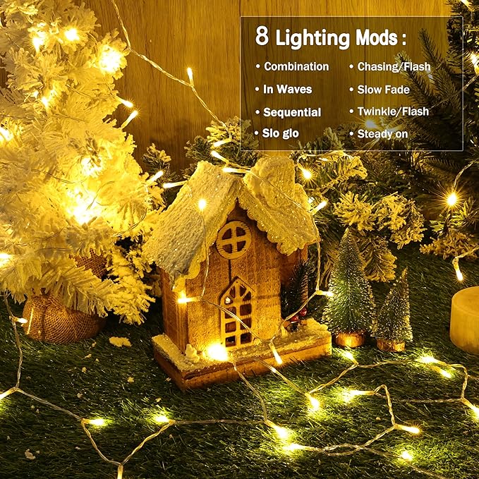 Lomotech Battery Operated Christmas Lights - 2 Pack Total 33ft 100LEDs String Lights 8 Modes Waterproof with Timer for Home, Garden, Party, Holiday, Tree Decoration (Clear Wire, Warm White)