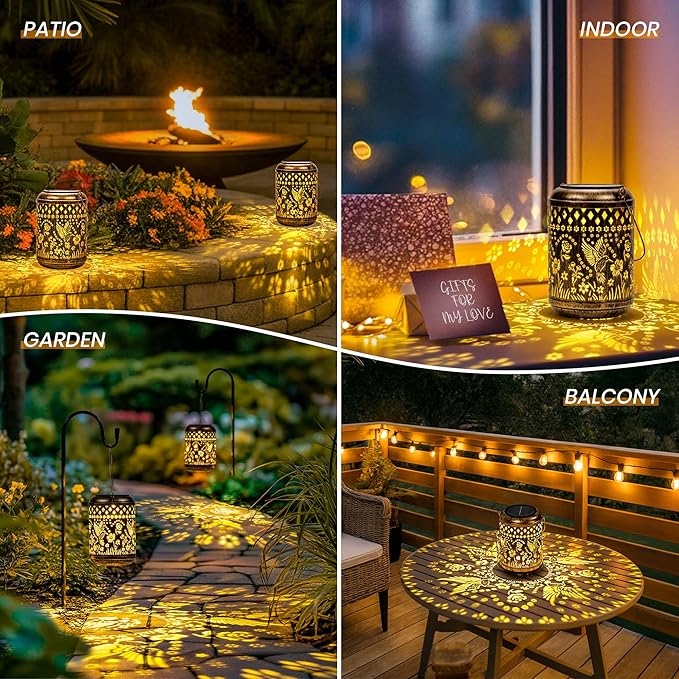 Hummingbird Gardening Gifts Outdoor Solar Lanterns, 2 Pack Garden Decor for Outside, Hanging Solar Lanterns Decorative Gifts for Women Birthday Unique Vintage Table Metal Lights for Yard, Balcony