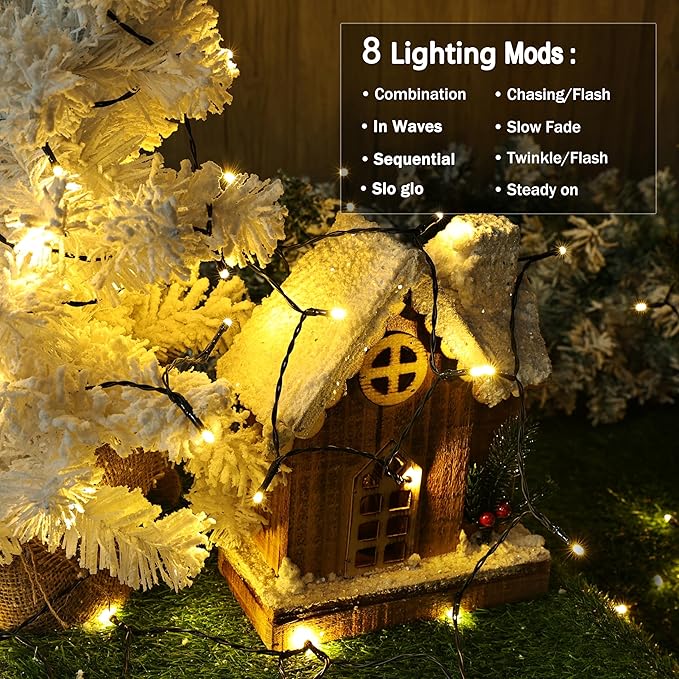 Battery Operated Christmas Lights - 2 Pack Total 33ft 100 LED Battery String Lights 8 Modes Waterproof with Timer for Home, Garden, Party, Holiday, Christmas Tree Decoration (Green Wire, Warm White)