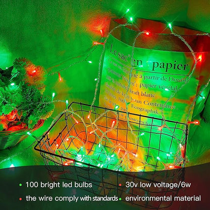 Hopolon Christmas Lights Outdoor Indoor,Red and Green 100 Led Christmas String Lights,33FT Extendable Waterproof Clear Wire Twinkle Light Plug in for Xmas Tree Party Yard Patio,100 LED,Red Green