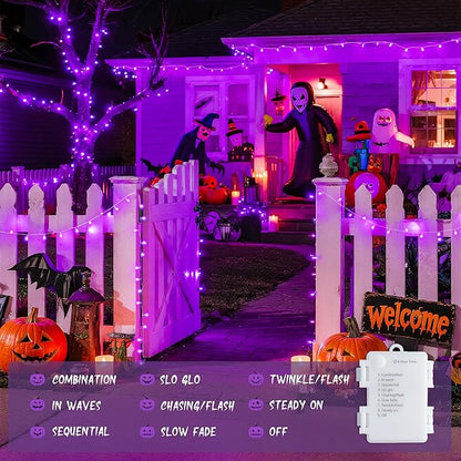 JMEXSUSS 4 Pack 50 LED Purple String Lights Battery Operated, Each 16.5ft Christmas Lights with 8 Modes & Waterproof, Purple Light with Timer Indoor Outdoor for Party Halloween Christmas Decor