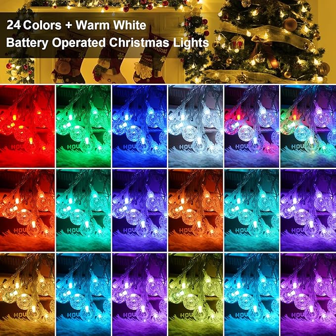 OMIKA 33FT Battery Operated String Lights, 24 Colors +Warm White 60 LEDs Battery Operated Christmas Lights, Indoor Outdoor USB Powered Fairy String Lights for Xmas Bedroom Garden Patio Balcony Decor
