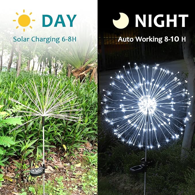 JJGoo Solar Firework Lights, 2 Pack 135 LEDs 2 Lighting Modes Solar Lights Outdoor Waterproof for Garden Patio Walkway Pathway Party Wedding Christmas Decorative - White