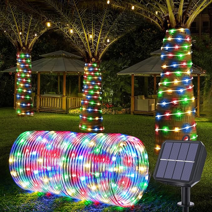 Solar Rope Lights, 33ft 100LED Solar String Lights, 8 Modes Waterproof Solar Powered Outdoor Light, Flexible Clear Tube Light for Garden, Backyard, Patio, Deck, Porch, Pool, Tree Decor - Multicolor