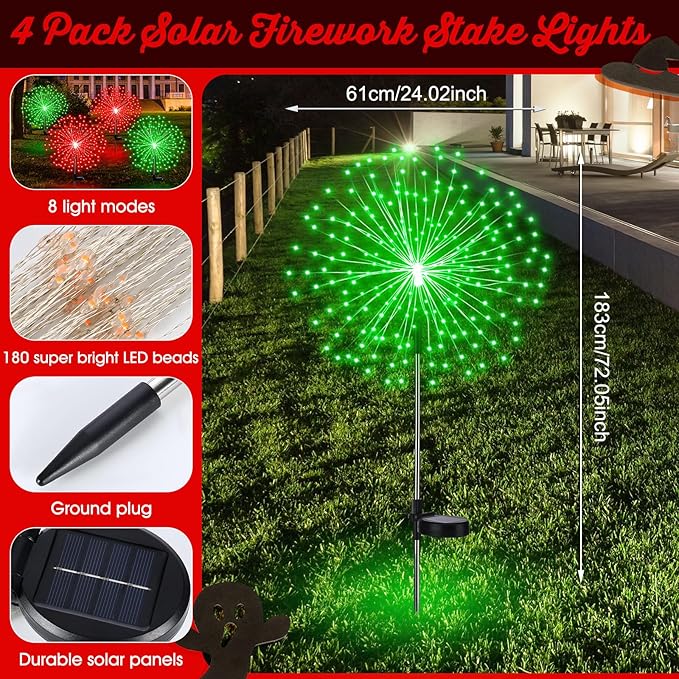 6 Pcs Christmas in July Solar Firework Stake Lights 180 LED 8 Modes Solar Waterproof LED Sparkler Lights Outdoor Decoration for Garden Patio Yard Pathway Walkway Lawn (Red, Green)
