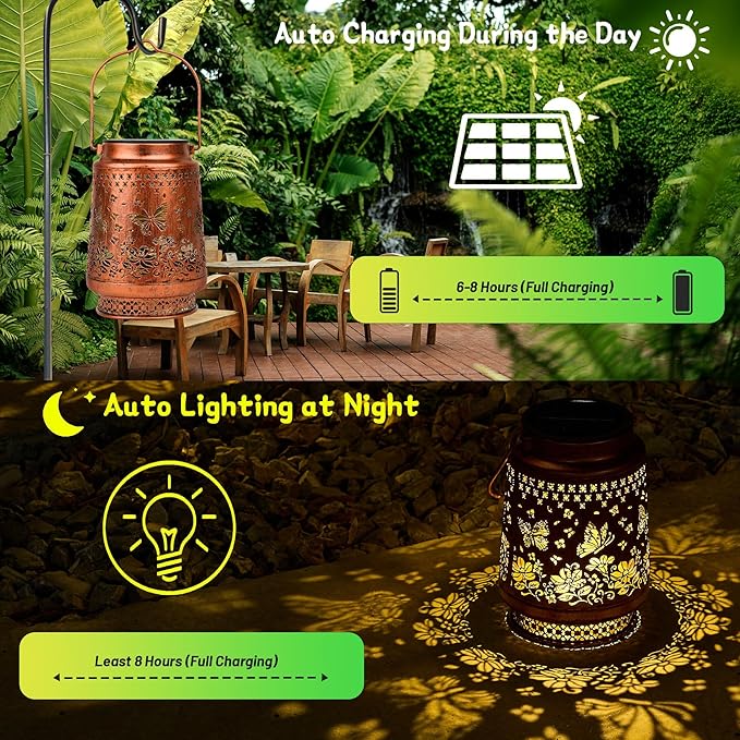 Solar Lanterns Outdoor Waterproof Decorative Garden Solar Lights Outdoor,Hanging Hollow Out Metal Ornaments Decor for Outside Lawn,Patio,Balcony,Yard Unique Gifts for Women Butterfly