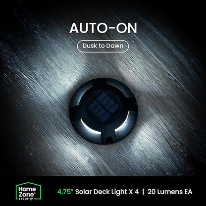 Home Zone Security 4 Packs Solar Deck Light Outdoor 40 Lumens Total Waterproof Weather Resistant, Auto On Sensor Fence Light, Durable Aluminum Plastic Case for Decor Step Pathway Garden