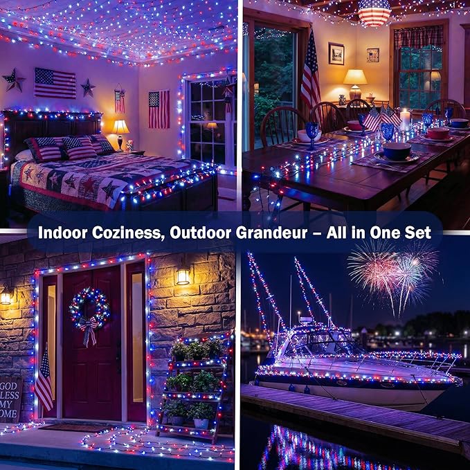 66ft 200LED Red White Blue Patriotic Lights for 4th of July Decoration Battery Fairy String Lights Indoor Outdoor Waterproof Remote Timer 8 Modes for Independence Day American Flag Holiday