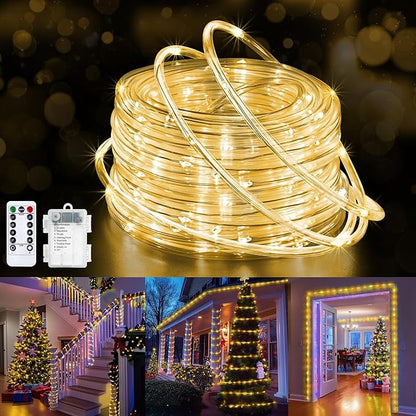 Jnaurb Battery Operated Rope Lights for Outside, 33FT 100LED 8 Modes Battery Operated String Lights, Waterproof Christmas Fairy Light with Remote for Outdoor Indoor Patio Xmas Party Decor - Warm White