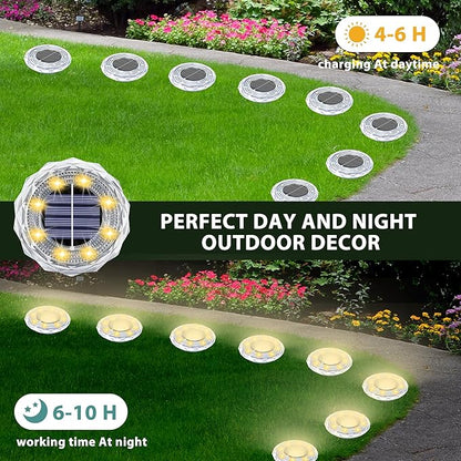 Solar Ground Lights 8 Pack Waterproof Outdoor Solar Lights for Yard Led Solar Garden Lights Bright Solar Powered Disc Light In-Ground Landscape Lighting for Patio Pathway Walkway Driveway, Warm White