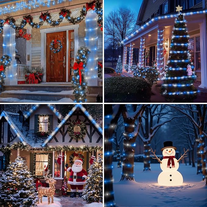 Jnaurb 2-Pack Battery Operated Rope Lights for Outside, Total 66FT 200LED 8 Modes Battery Operated String Lights, Waterproof Christmas Fairy Light with Remote for Outdoor Indoor Xmas Decor -White Blue