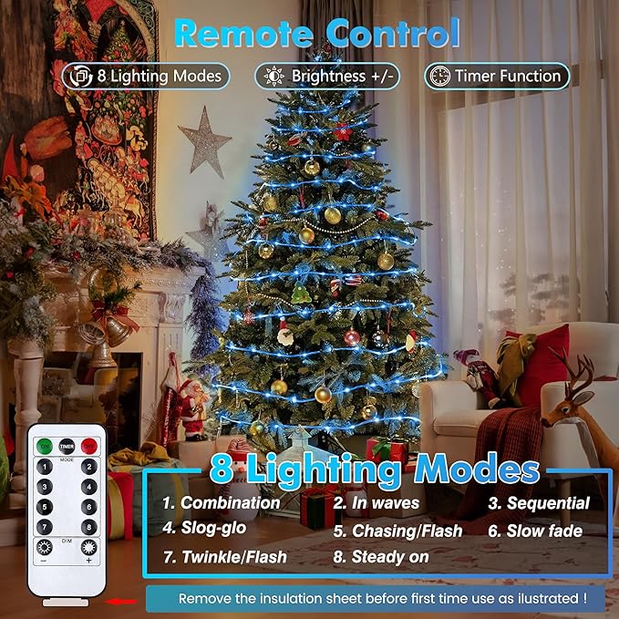 Jnaurb 2-Pack Battery Operated Rope Lights for Outside, Total 66FT 200LED 8 Modes Battery Operated String Lights, Waterproof Christmas Fairy Light with Remote for Outdoor Indoor Xmas Party Decor -Blue