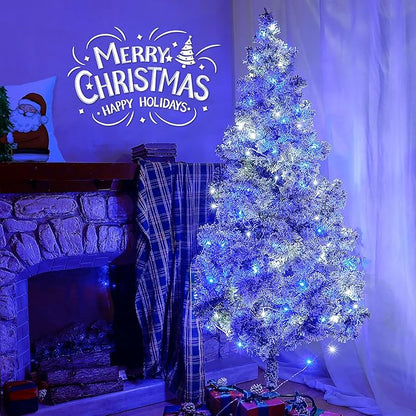 Hopolon Blue and White Christmas Lights Outdoor,33FT 100 Led Plug in Fairy String Lights Clear Wire,8 Modes Waterproof Christmas Tree Light for Indoor Outside Bedroom Party Wedding,100 LED,Blue White
