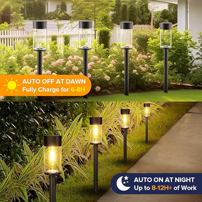 UME 2 Pack Solar Pathway Lights Outdoor, Bright Solar Garden Lights with Metal Design–IP65 Waterproof, Auto On/Off, 3000K LED Landscape Lighting for Yard, Lawn, Walkway, Driveway, Patio Decor