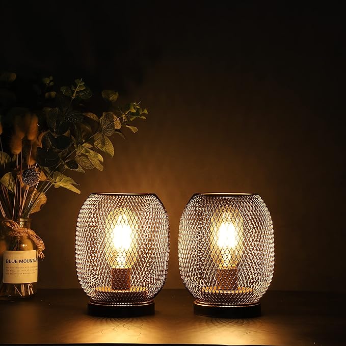 JHY DESIGN Set of 2 Metal Cage LED Lantern Battery Powered,Cordless Accent Light with LED.Great for Weddings,Parties,Patio,Events for Indoors Outdoors（Round Shape