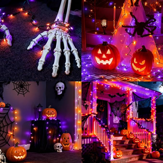 Joiedomi 16.3FT Orange&Purple Halloween Lights,50 Count Battery Operated Christmas String Tree Fairy LED Lights with 8 Modes,Multifunction Green Wire with Timer for Xmas Decor Party Holiday House