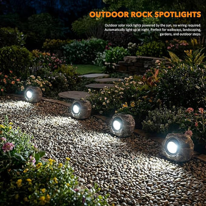 Solar Rock Lights Outdoor – 4 Pack Waterproof LED Landscape Garden Spotlights, Realistic Stone Design, Wireless Solar Powered Pathway Lights for Yard, Walkway, Patio & Lawn Decoration (Auto On/Off)