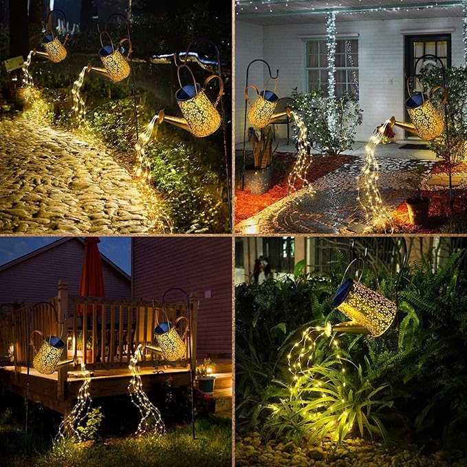Anordsem Solar Garden Lights Decorative - Metal Watering Can with Cascading and Hook - Waterproof Hanging Lantern Outdoor Yard Lawn Decor - Birthday Gardening Gifts for Mom Grandma