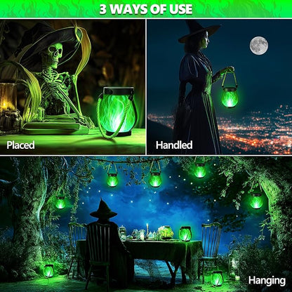 Solar Flame Lantern Hanging Outdoor Waterproof - 2 Pack Flame Lanterns with Dual Charging Modes of Solar & USB for Garden or Yard Decorations (Green - 2 Pack)