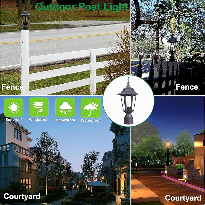 LIT-PaTH 16 Inch Outdoor Lamp Post Light Fixture, Exterior Pole Lantern with Clear Glass, Hardwired Aluminum Post Lighting for Driveway Garden Yard, Matte Black, 1-Pack