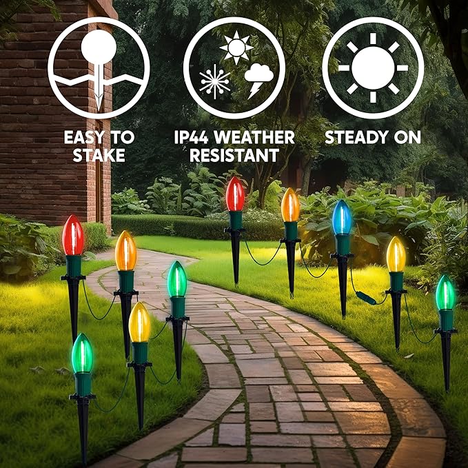 Joiedomi 24 Packs 30.75FT C9 Christmas Multicolor LED Pathway Lights, Waterproof Walkway Lights with Stakes Outdoor Connectable Decor for Holiday Outside, Yard, Garden, Party, Walkway Decor