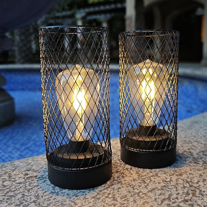 2pcs Solar Lanterns Outdoor Waterproof Lights Garden Decorations, Black Metal Lantern Decor,Solar Powered LED Lamp for Patio Tabletop Porch Deck Yard