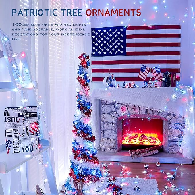 Hopolon Red White and Blue Lights Clear Wire, 33 FT 100 LED 4th of July Decorations String Lights Plug in, Waterproof Christmas Light for Independence Day Patriotic Memorial Day,100 LED,Red White Blue