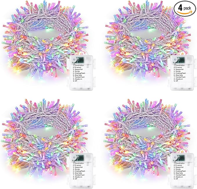 4-Pack Christmas String Lights, 66ft 200 LED Waterproof Twinkle Lights
