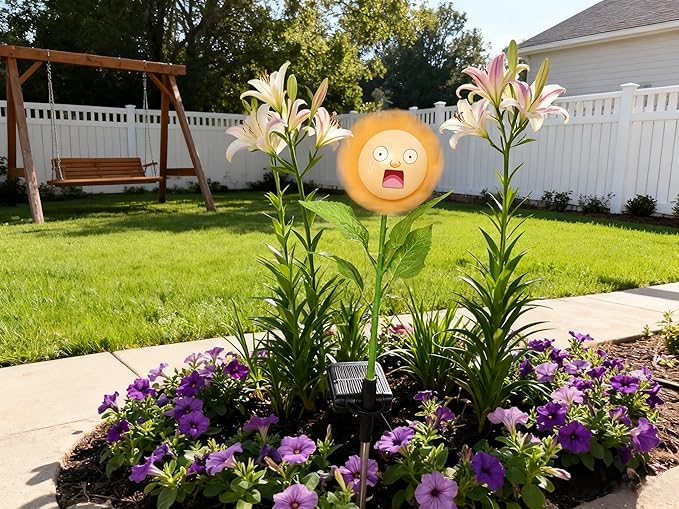 Personified Bobble Face Wind Spinners Sunflower Solar Light Outdoor with Funny Astonished Face - Garden Decor, Waterproof Auto-On/Off Pathway, Lawn, Yard Stake Light for Decorations - Single Pack