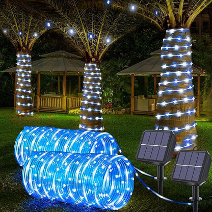 Solar Rope Lights, 2 Packs Total 66ft 200LED Solar String Lights, 8 Modes Waterproof Solar Powered Outdoor Light, Flexible Clear Tube Light for Garden Yard Patio Deck Porch Tree Xmas Decor-White&Blue