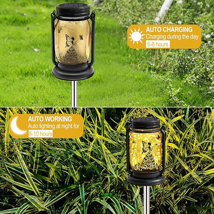 2 Pack Outdoor Hanging Solar Lanterns, Birthday Mothers Day Gifts for Women Mom Grandma,Fairy Butterfly Vintage Glass Mason Jar, Waterproof Garden Lights for Patio Yard Lawn Tree Party Decor