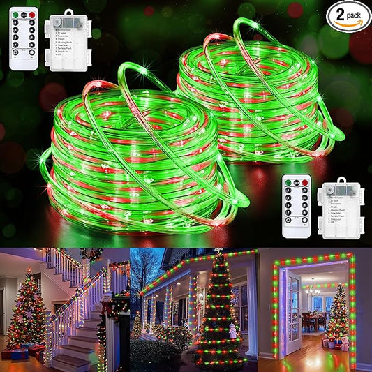 Jnaurb 2-Pack Battery Operated Rope Lights for Outside, Total 66FT 200LED 8 Modes Battery Operated String Lights, Waterproof Christmas Fairy Light with Remote for Outdoor Indoor Xmas Decor-Red & Green